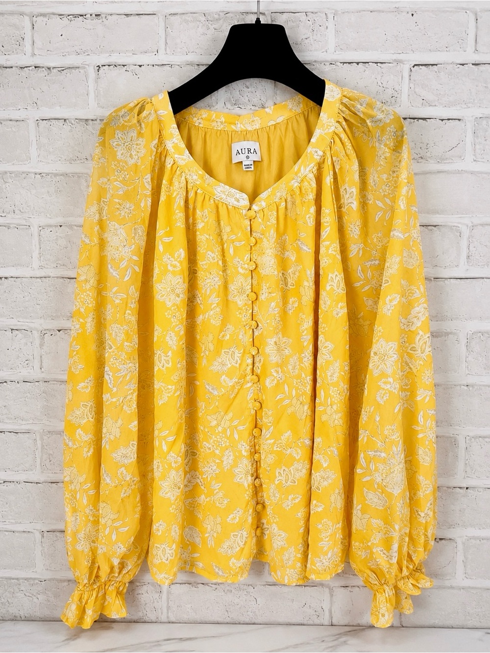 AURA Red Dress Boutique Yellow Floral Button-Front Peasant Blouse‎